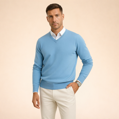 Light blue cashmere V-neck sweater with long sleeves and ribbed hem and cuffs