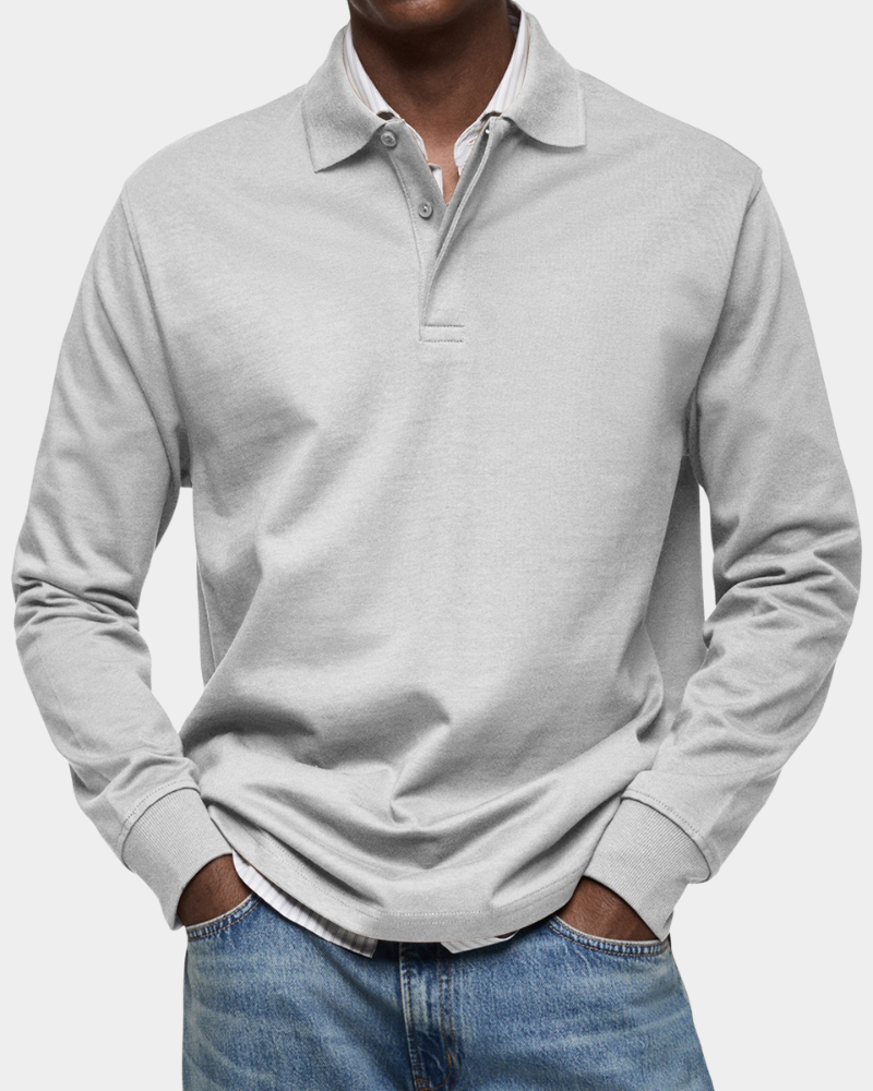 White long-sleeve polo shirt with button placket and ribbed cuffs