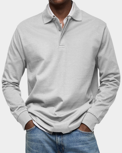 White long-sleeve polo shirt with button placket and ribbed cuffs