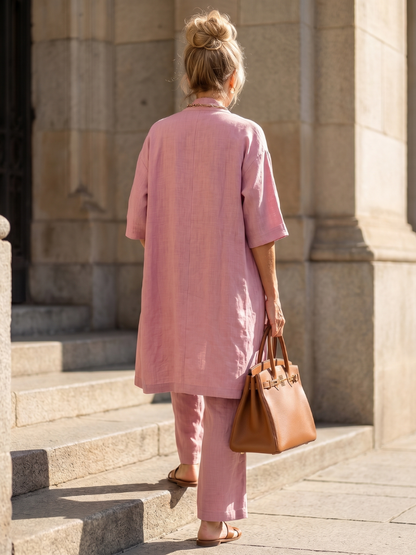Pink back view of relaxed top and wide-leg pants set with open kimono layer