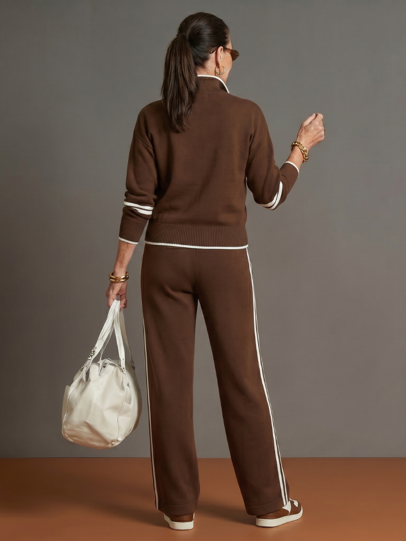Brown back-view zip-neck long-sleeve set with white stripe piping on jogger pants