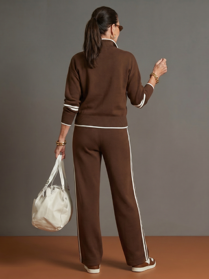 Brown back-view zip-neck long-sleeve set with white stripe piping on jogger pants