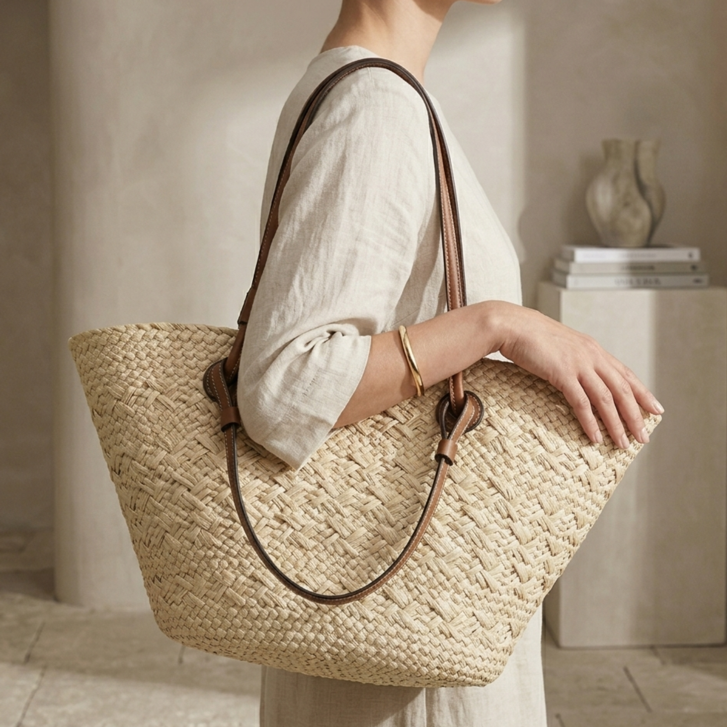 Large woven tote with brown leather-trim handles and curved open top.