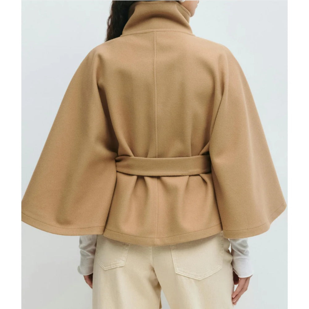 Women’s high-collar cape coat, tan, back view with belt tie and button closure.