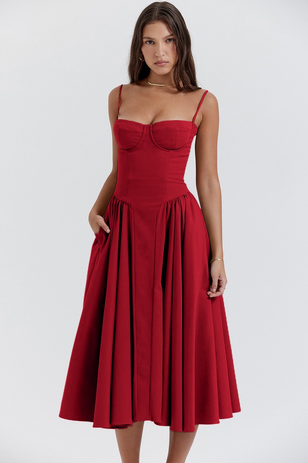 Women’s sweetheart pleated midi dress, red corset-style bodice and pleated midi skirt