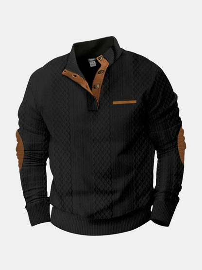 Cable-knit pullover sweatshirt in black with half-button placket and brown accent stripe