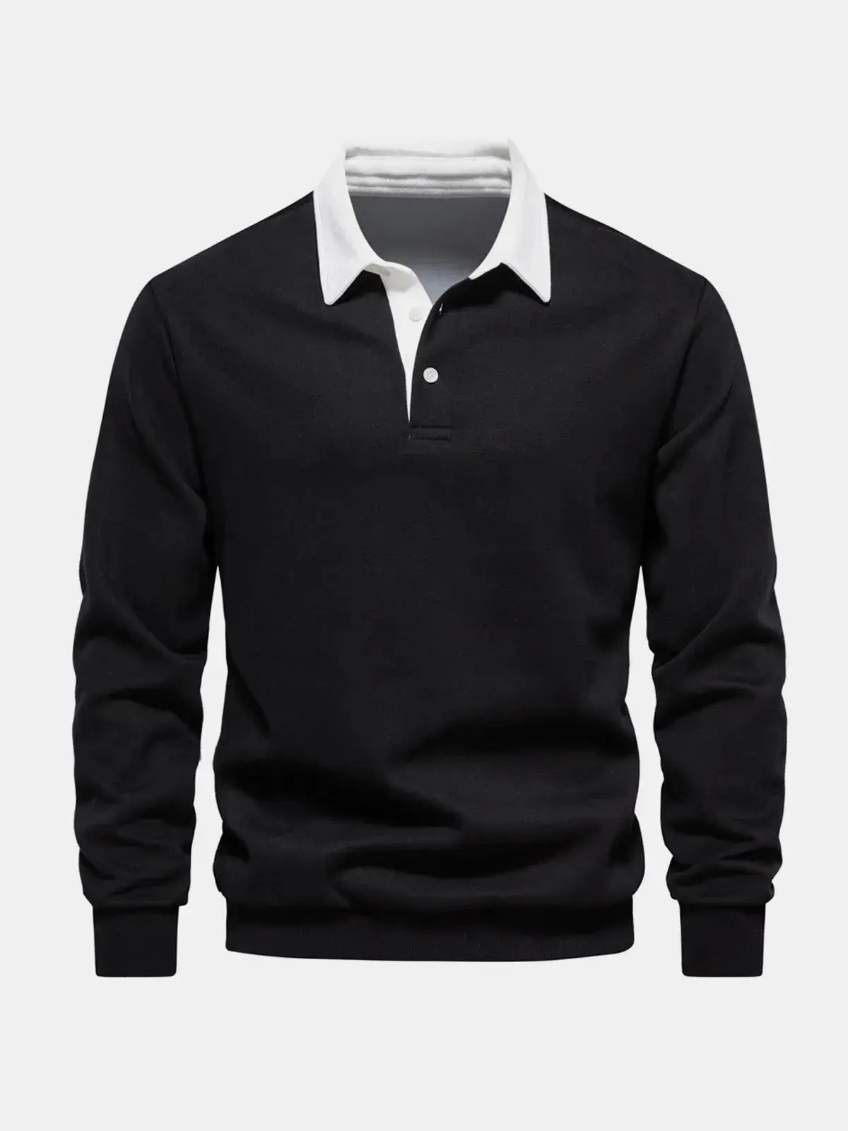 Black long-sleeve polo sweatshirt with white collar and button placket