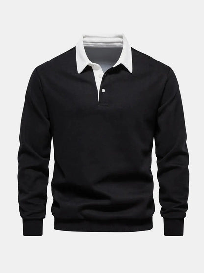 Black long-sleeve polo sweatshirt with white collar and button placket