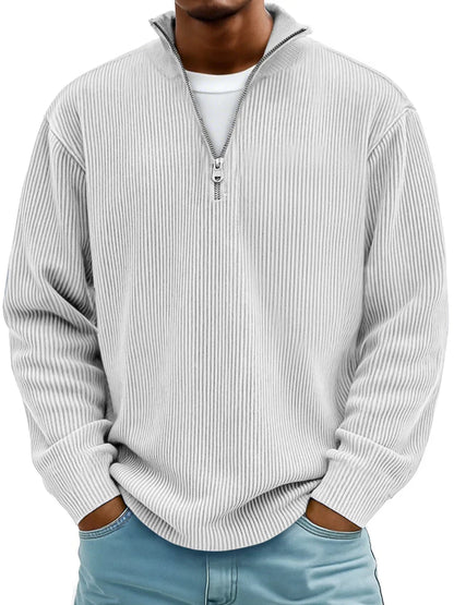 White quarter-zip pullover sweater with ribbed knit and vertical stripe texture