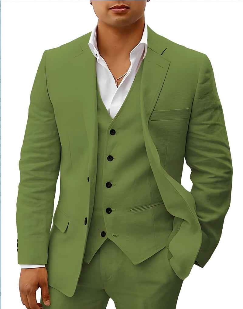 Green linen blazer, vest, and trousers set with notch lapels and chest pocket