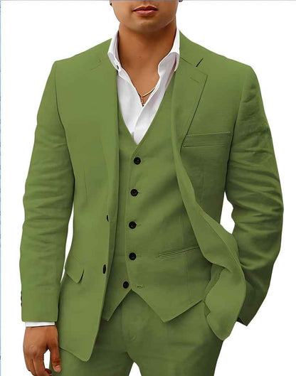 Green linen blazer, vest, and trousers set with notch lapels and chest pocket