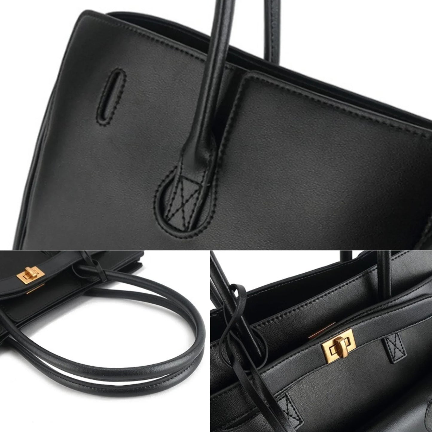 Black handbag close-up: smooth panels, strap details, and gold-tone hardware accents