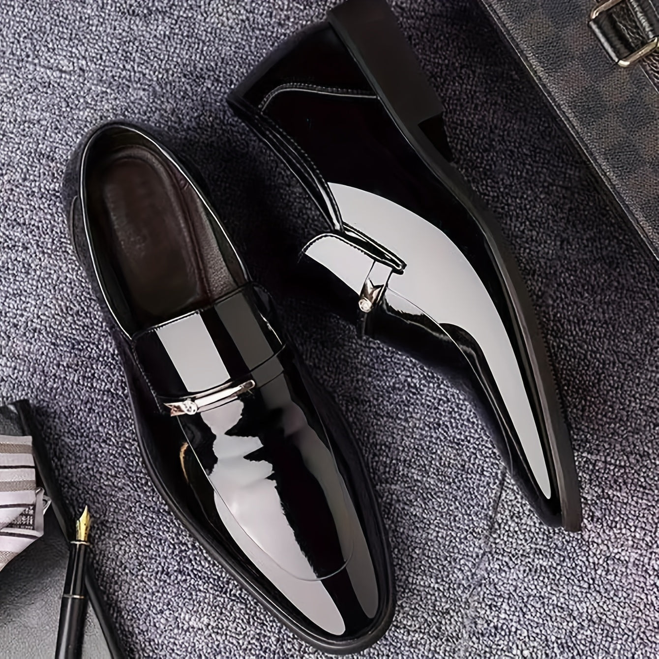 Men's patent leather penny loafers, pointed toe, black with silver metal bar detail