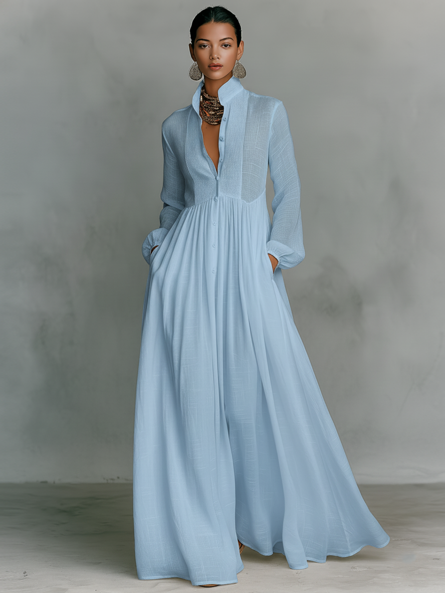 Light blue cotton-linen maxi shirt dress with V-neck, button front, long sleeves