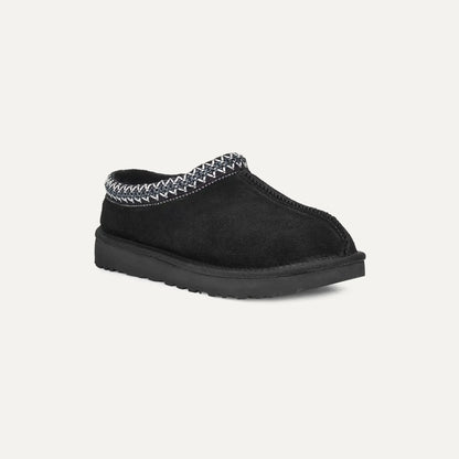 Black suede slip-on slipper with braided collar trim and rubber outsole