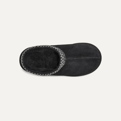 Black suede slip-on slipper with plush lining visible through opening