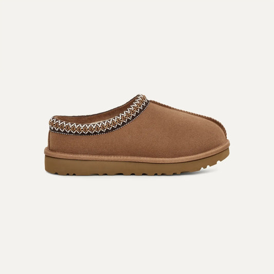 Suede slip-on slippers in chestnut brown with braided trim and rubber sole