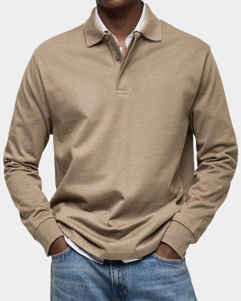 Khaki long-sleeve polo shirt with button placket and ribbed cuffs