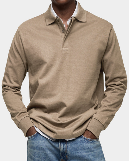 Khaki long-sleeve polo shirt with button placket and ribbed cuffs