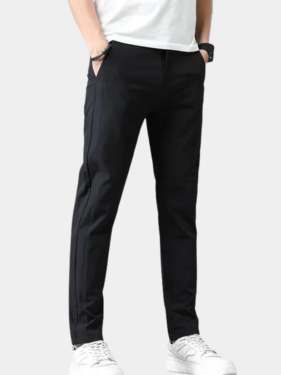 Slim-fit black summer pants with tapered legs and side pockets
