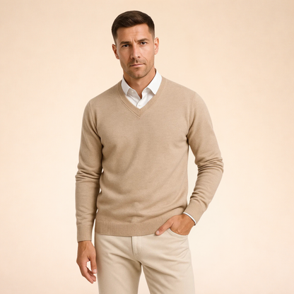 Camel cashmere V-neck sweater with long sleeves and ribbed hem and cuffs