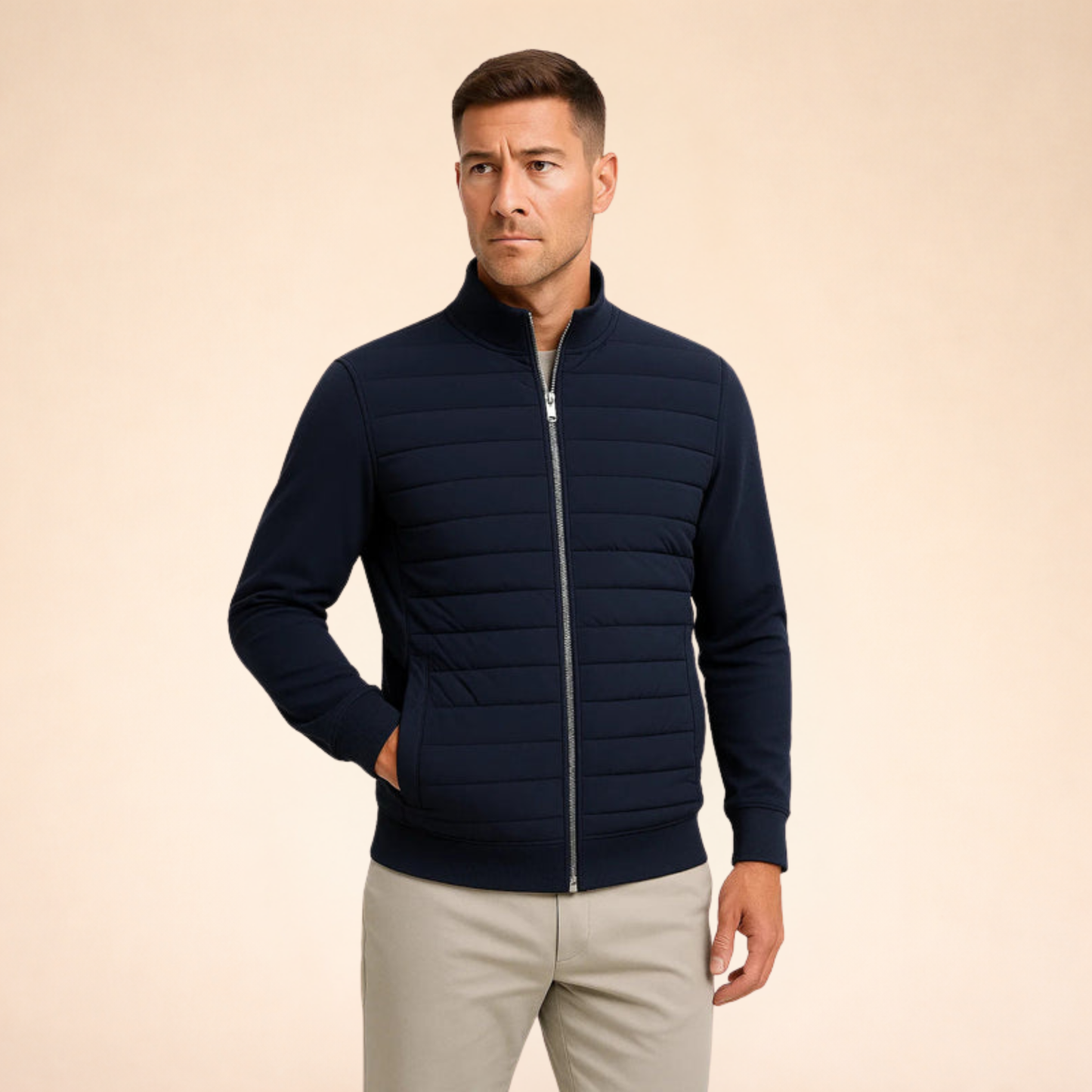 Men's navy hybrid puffer jacket with quilted insulation and ribbed knit trim