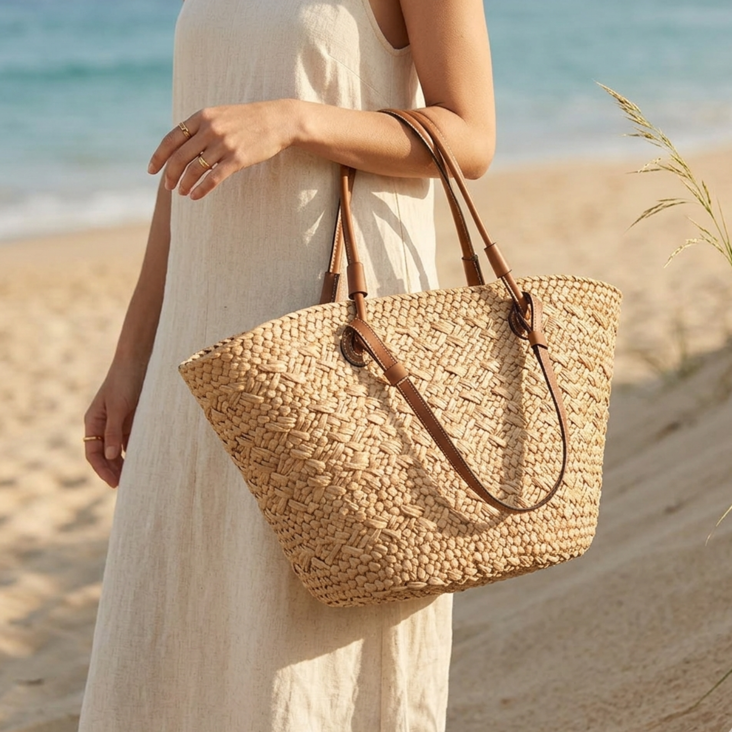 Woven rattan tote bag with brown leather handles and open-top silhouette.
