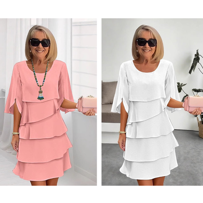 Tiered puff sleeve dresses in pink and white, layered ruffle skirts