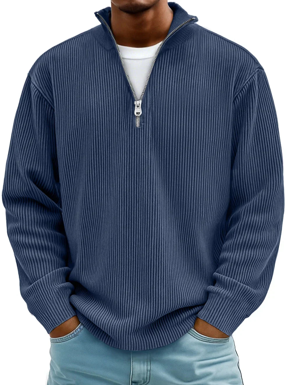Navy quarter-zip pullover sweater with ribbed knit and vertical stripe texture