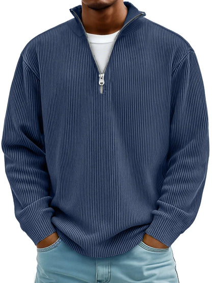 Navy quarter-zip pullover sweater with ribbed knit and vertical stripe texture