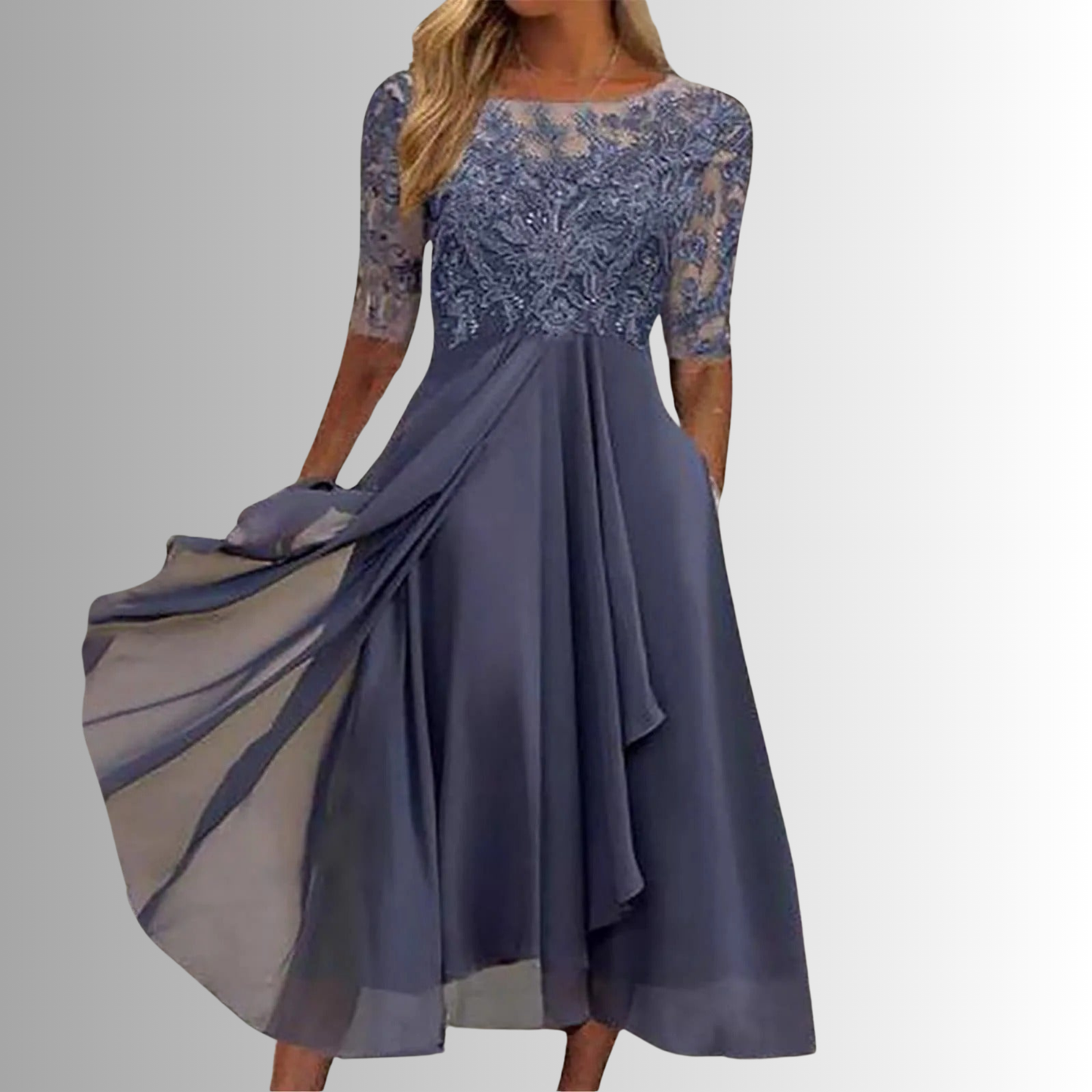 Navy lace midi dress with 3/4 sleeves, lace bodice, and draped front pleats