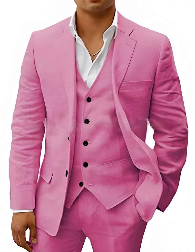 Pink linen blazer, vest, and trousers set with notch lapels and pocket square