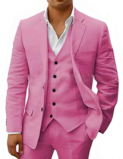 Pink linen blazer, vest, and trousers set with notch lapels and pocket square