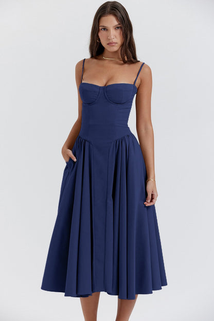 Women’s sweetheart pleated midi dress, navy blue sweetheart bodice and pleated skirt