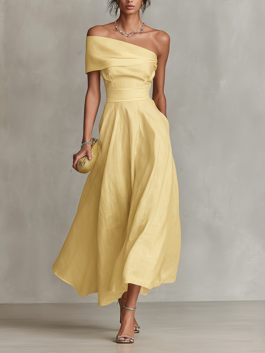 Women's yellow one-shoulder linen dress, fitted waist and flared mid-calf skirt