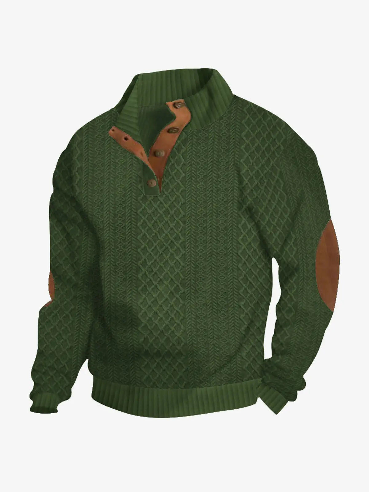 Green cable knit quarter-button pullover sweatshirt with brown contrast collar