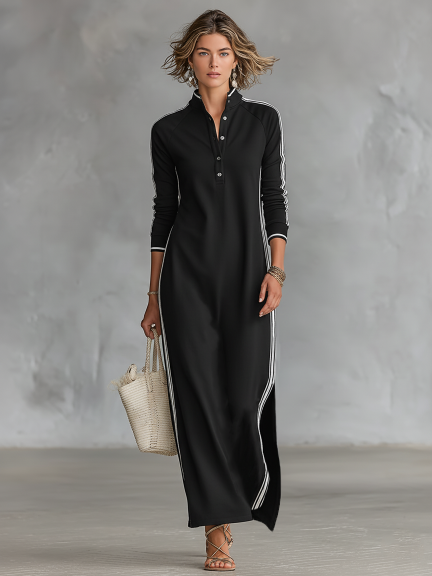 Black button-down maxi dress with long sleeves, front buttons, contrast trim at sides