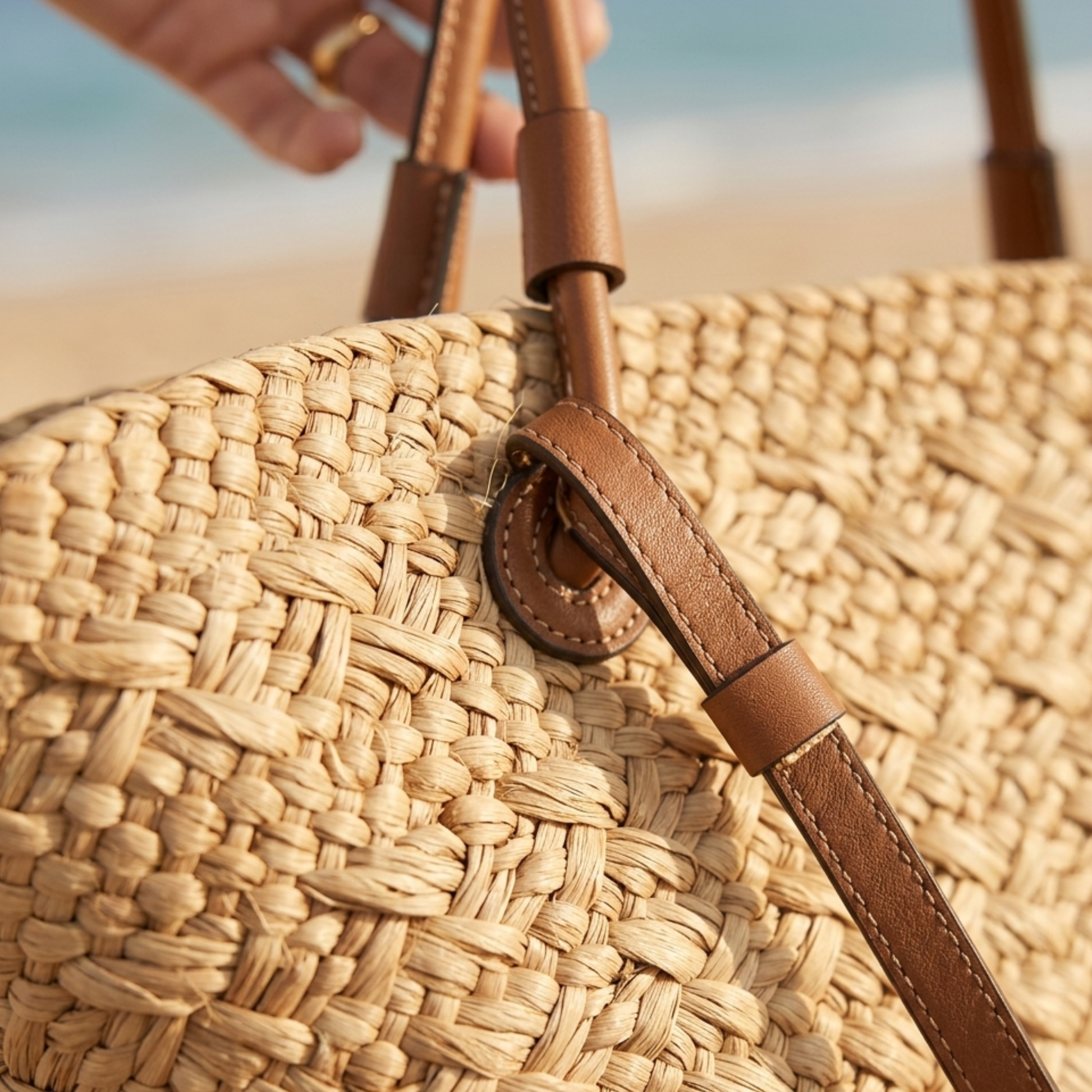 Close-up of woven rattan tote with brown leather loop and stitching detail.