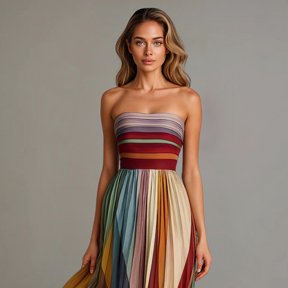 Multicolour striped strapless bodice sleeveless maxi dress