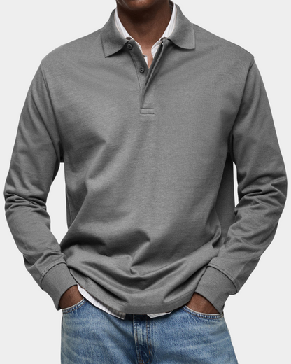 Gray long-sleeve polo shirt with button placket and ribbed cuffs