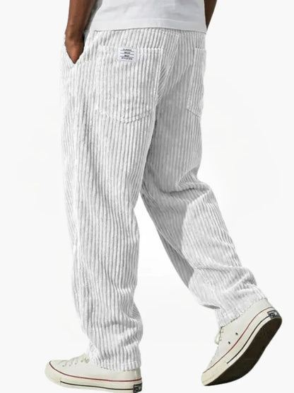 Wide-leg men's trousers with pockets in light grey vertical cord texture.