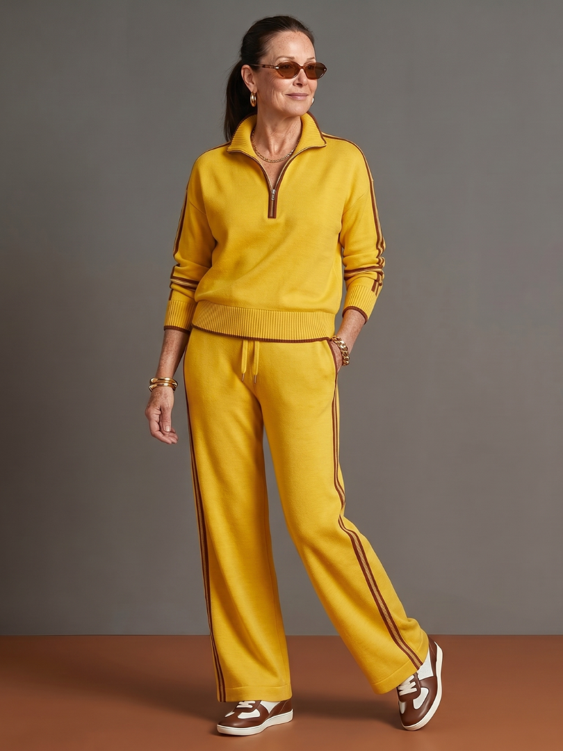 Yellow zip-neck long-sleeve tracksuit set with white side stripes on jogger pants