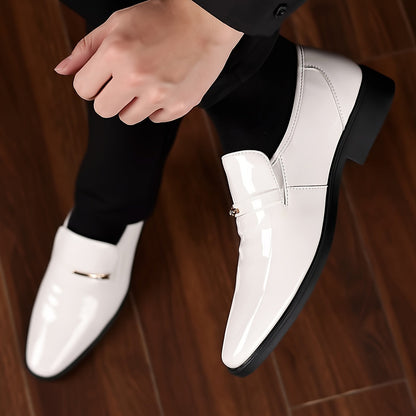 Men's patent leather penny loafers, pointed toe, white slip-on with metal bar buckle