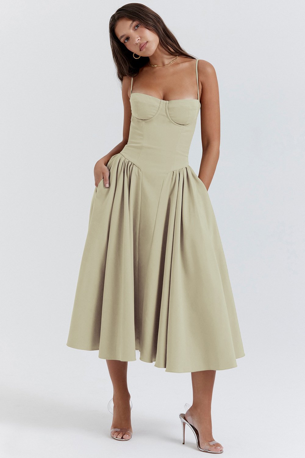 Sweetheart pleated midi dress in light khaki with thin straps and gathered waist