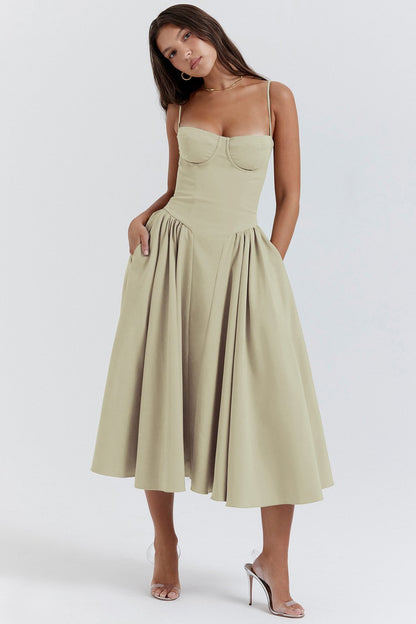 Sweetheart pleated midi dress in light khaki with thin straps and gathered waist