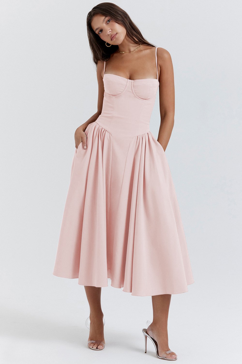 Sweetheart pleated midi dress in pale pink with thin straps and pleated skirt