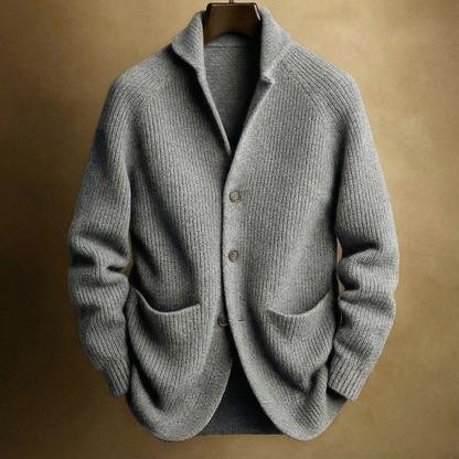 Men's ribbed wool cardigan in heather grey with shawl collar and button front, two pockets.