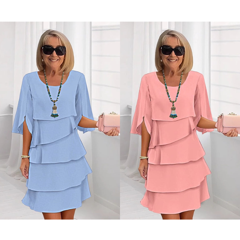 Tiered puff sleeve dresses in blue and pink, layered ruffle skirts
