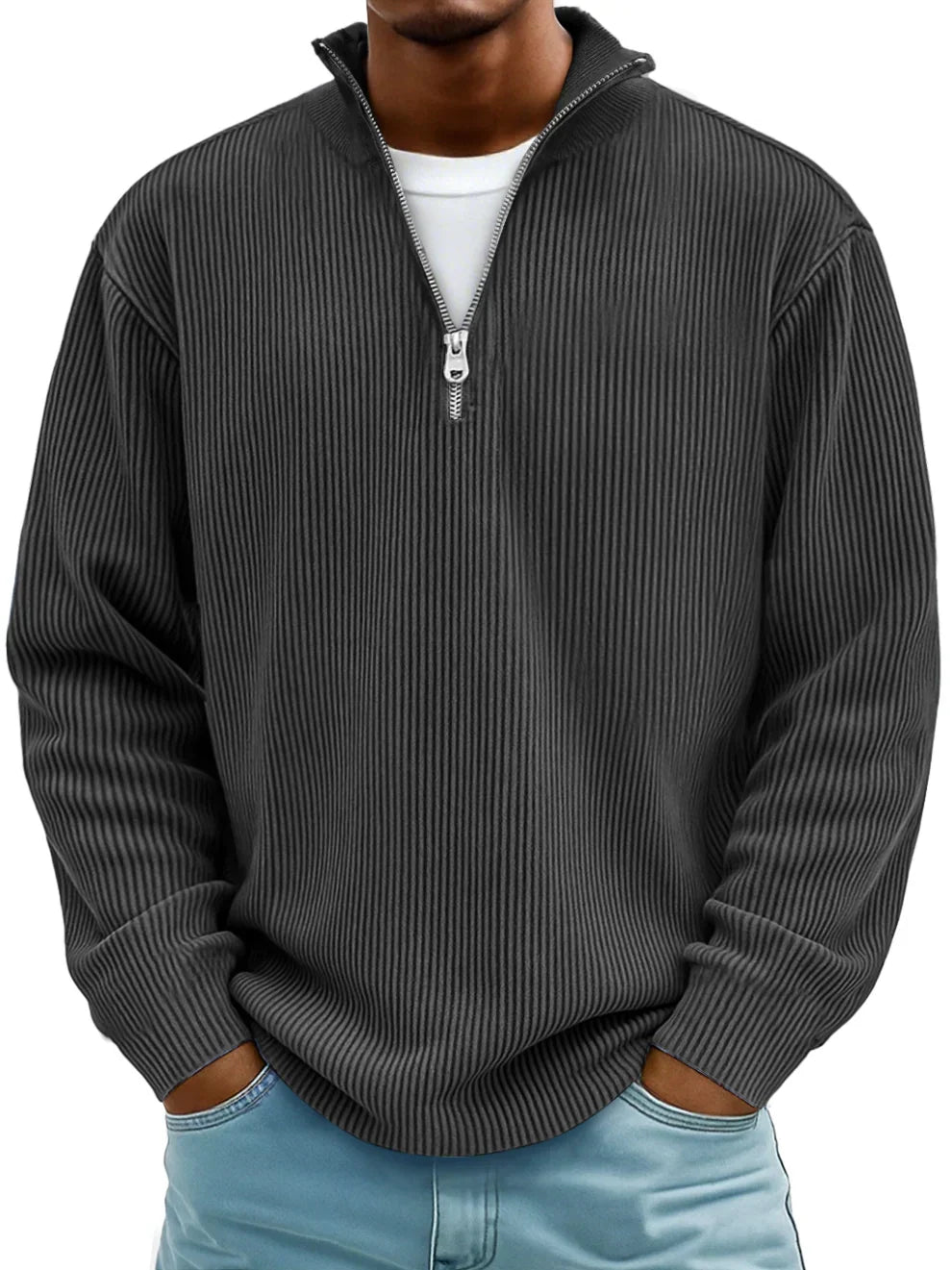 Black quarter-zip pullover sweater with ribbed knit and vertical stripe texture