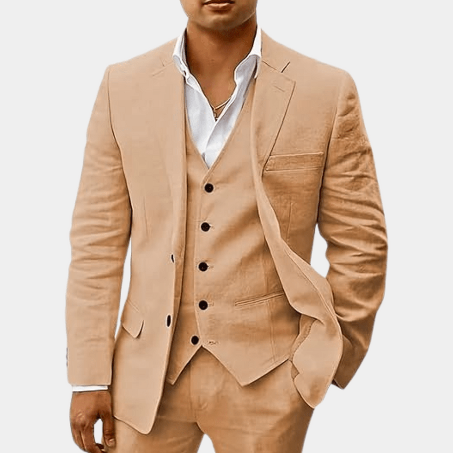 Khaki linen blazer, vest, and trousers set with notch lapels and breast pocket